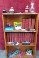 RUSTIC WOOD BOOKCASE WITH VINTAGE BOOKS, COLLECTIBLES & SPECIALTY TOOLS