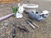 FUNNY BUNNIES, HANGING FLOWER POTS, BAMBOO STAKES & VINTAGE GARDEN TOOLS