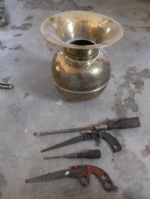 VINTAGE BRASS SPITTOON, BOWL AND TOOLS