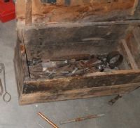 OLD HANDMADE WOODEN TOOL BOX WITH VINTAGE TOOLS AND STUFF