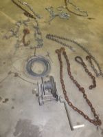 BUCKET OF CHAINS WITH HOOKS AND EYES, HAND WINCH, CABLE AND WIRE