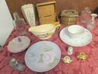 VARIETY LOT - VINTAGE COLLECTIBLE CHINA, RECIPE BOX, COASTERS, ANTIQUE BOTTLE PLUS MORE
