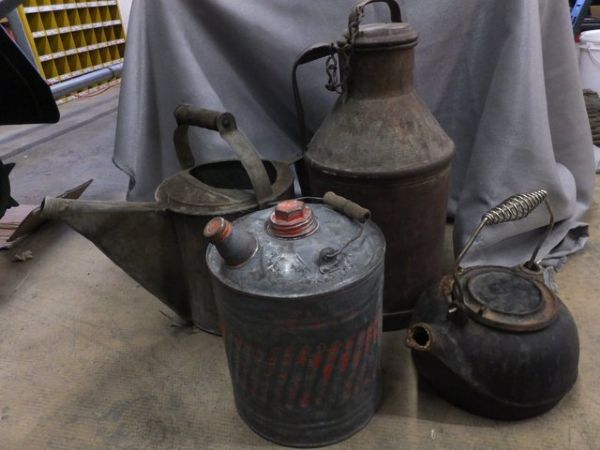 VINTAGE METAL MILK CAN, OIL CAN, WATER CAN AND CAST IRON TEA KETTLE
