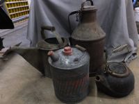 VINTAGE METAL MILK CAN, OIL CAN, WATER CAN AND CAST IRON TEA KETTLE