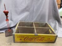 VINTAGE WOODEN COCA COLA BOX,  GLASSES AND BOTTLE CAPPER WITH CAPS.