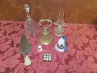 VARIETY VINTAGE  LOT -  COLLECTIBLE BELLS, PILL BOX, PERFUME BOTTLE, AND MORE 