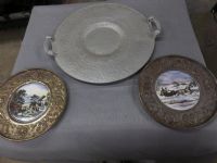 VINTAGE HAMMERED SERVING TRAY & 2 BRASS WALL PLAQUES WITH CERAMIC CENTERS