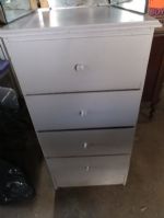 VINTAGE TALL WOOD CHEST OF DRAWERS, SALT BAGS, AND TRI-FOLD MIRROR