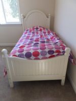 WHITE TWIN SIZE BED WITH SHEET SET & BEDSPREAD