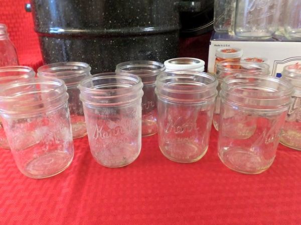 CANNING JARS AND ENAMEL KETTLE