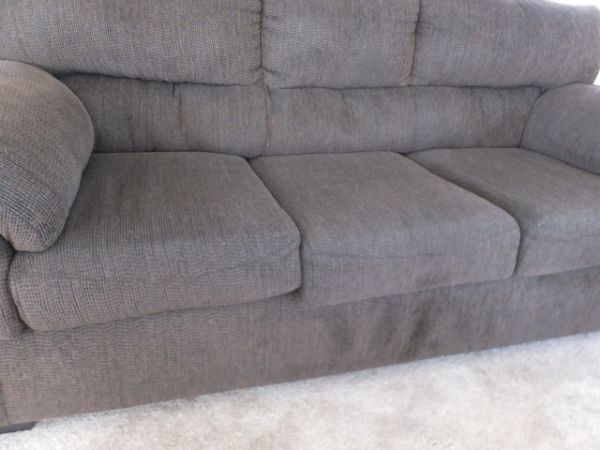 BROWN CUSHIONED SOFA  -  MATCHES LOVE SEAT IN NEXT LOT