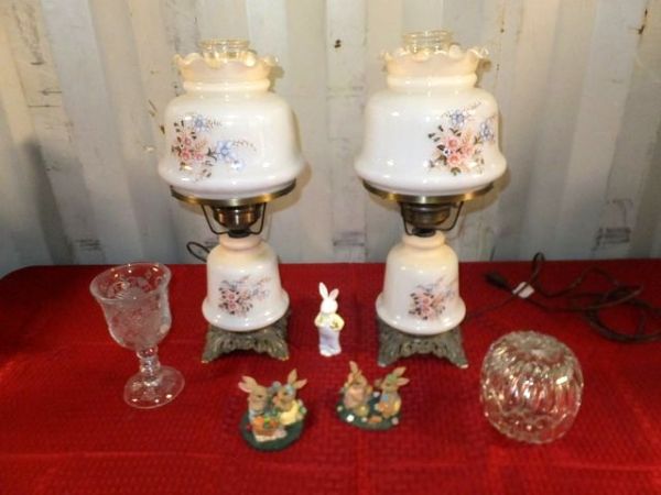 VINTAGE HURRICANE TABLE LAMPS, CANDY DISH, BUNNY PICNICS, TEA CANDLE HOLDER