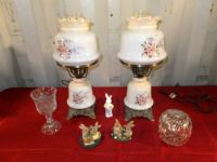 VINTAGE HURRICANE TABLE LAMPS, CANDY DISH, BUNNY PICNICS, TEA CANDLE HOLDER