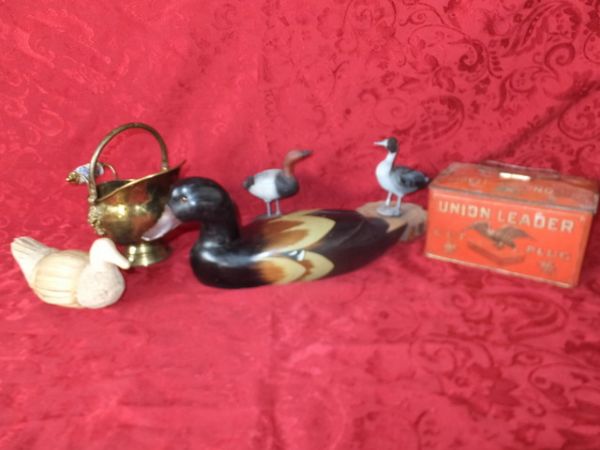 CARVED WOOD DUCK,  VINTAGE BRASS SCUTTLE BUCKET, TIN & STORE DEMO DECOYS