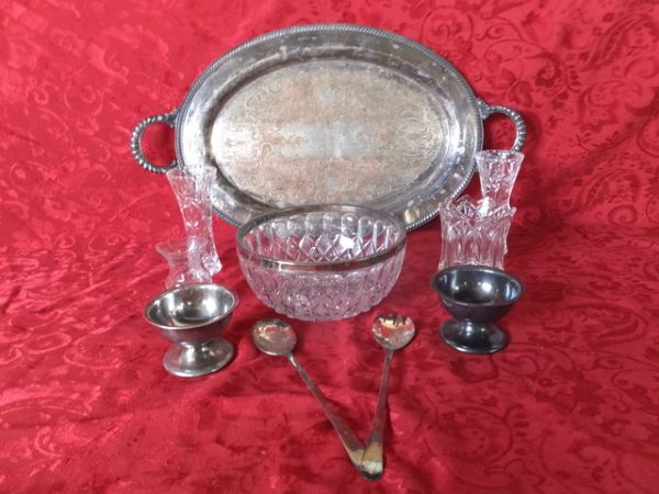 EARLY SILVER PLATE TRAY, SALAD FORK & SPOON, CRYSTAL BUD VASES, BOWL & STERLING TOOTHPICK HOLDER