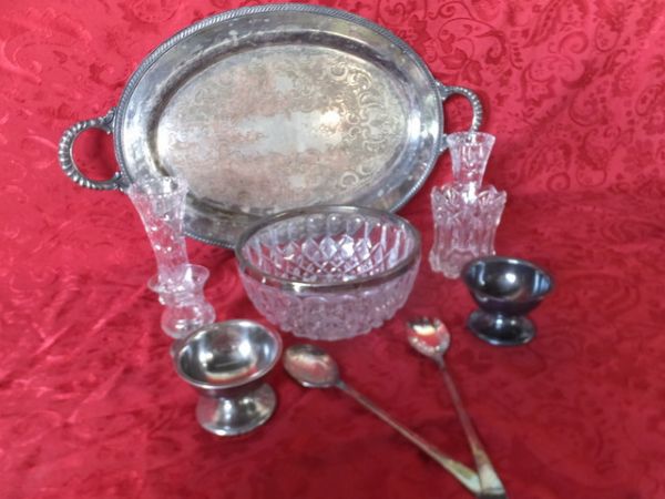 EARLY SILVER PLATE TRAY, SALAD FORK & SPOON, CRYSTAL BUD VASES, BOWL & STERLING TOOTHPICK HOLDER