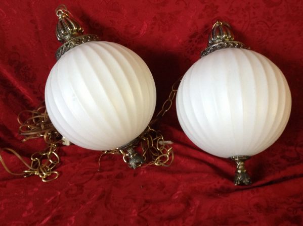 RETRO 60'S ROUND WHITE GLASS GLOBES AND BRASS FINISH SWAG LAMPS  