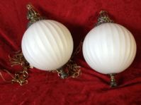 RETRO 60S ROUND WHITE GLASS GLOBES AND BRASS FINISH SWAG LAMPS  
