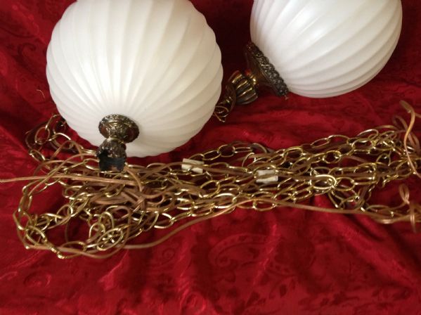 RETRO 60'S ROUND WHITE GLASS GLOBES AND BRASS FINISH SWAG LAMPS  