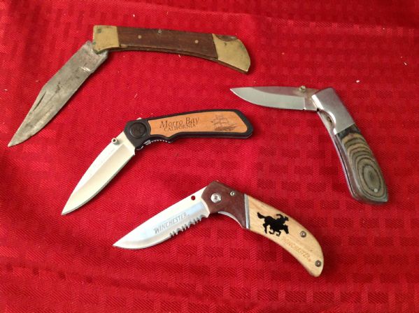 SIX FOLDING & POCKET KNIVES PLUS TWO KNIFE AND FILE BELT CLIPS