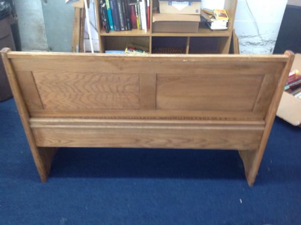 VINTAGE WOODEN CHURCH BENCH WITH LIFT SEAT FOR STORAGE.