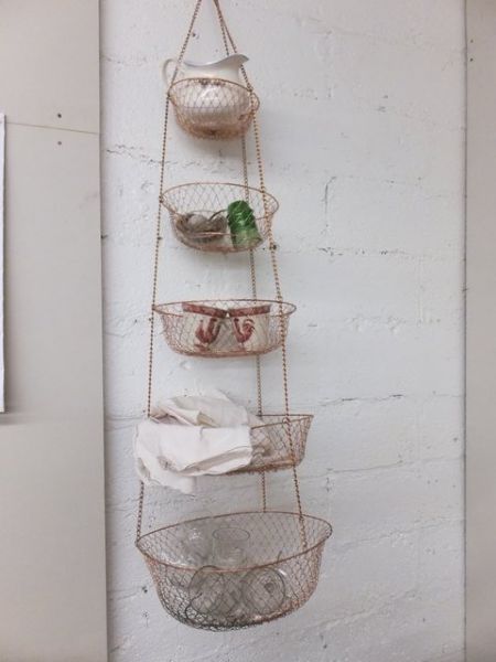 COPPER COLORED MULTI-TIERED HANGING PRODUCE BASKETS, COFFEE MUGS & MORE