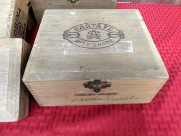 VARIOUS WOODEN CIGAR BOXES, A CARDBOARD CIGAR BOX & A WOODEN REDWOOD BOX