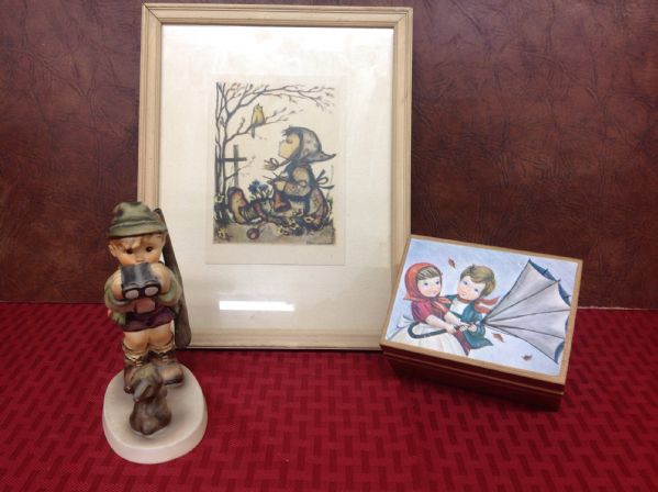 HUMMEL FIGURINE, LITHOGRAPH AND A SMALL WOODEN MUSIC BOX