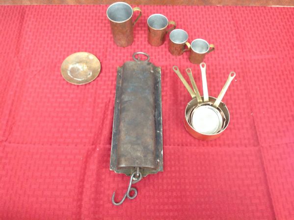 ANTIQUE COPPER CLAD MUGS, MEASURING PANS, & A CHATILLONS WEIGHT SCALE