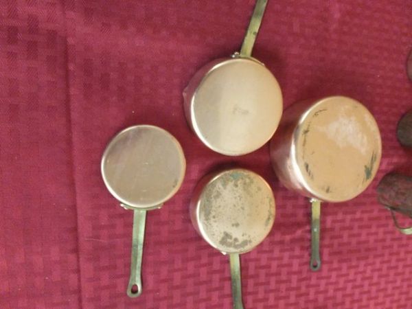 ANTIQUE COPPER CLAD MUGS, MEASURING PANS, & A CHATILLONS WEIGHT SCALE