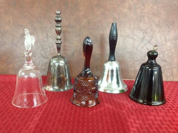 FIVE COLLECTIBLE BELLS - SILVER PLATE, CHOME AND GLASS