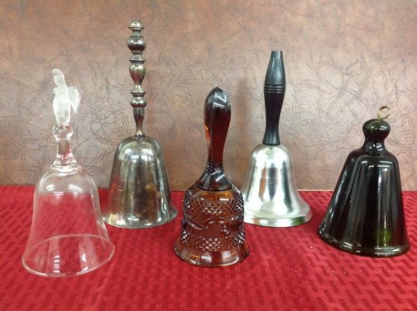 FIVE COLLECTIBLE BELLS - SILVER PLATE, CHOME AND GLASS