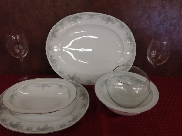 NORITAKE CHINA, LIMIRICK SERVING DISHES &   2 ETCHED GLASS WINE GLASSES 