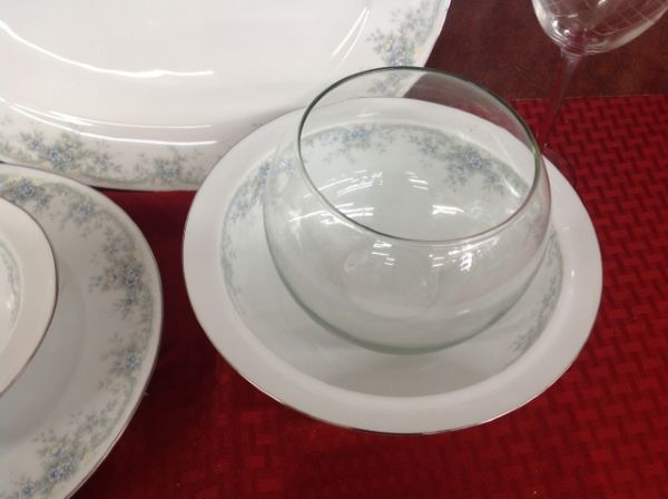 NORITAKE CHINA, LIMIRICK SERVING DISHES &   2 ETCHED GLASS WINE GLASSES 