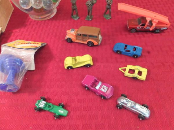 VINTAGE TOYS-MARBLES, CAST METAL SOLDIERS, HOT WHEELS & MORE