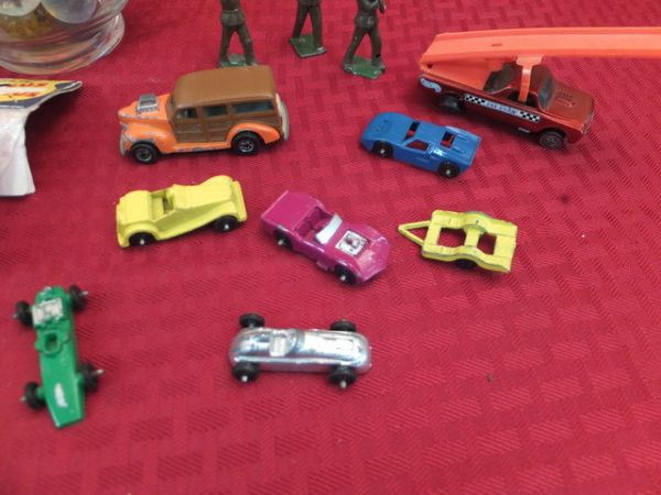 VINTAGE TOYS-MARBLES, CAST METAL SOLDIERS, HOT WHEELS & MORE