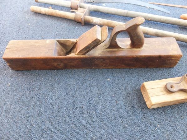 ANTIQUE  WOODEN  BLOCK PLANES, CLAMPS, PIPE CLAMPS AND SAWS