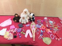 THREE MONKEYS, PANDA AND A BARBIE WITH LOADS OF CLOTHES AND ACCESSORIES (AND SOME FOR A LITTLE GIRL, TOO)
