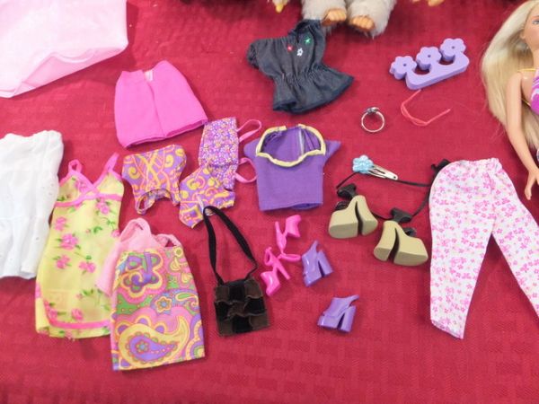 THREE MONKEYS, PANDA AND A BARBIE WITH LOADS OF CLOTHES AND ACCESSORIES (AND SOME FOR A LITTLE GIRL, TOO)