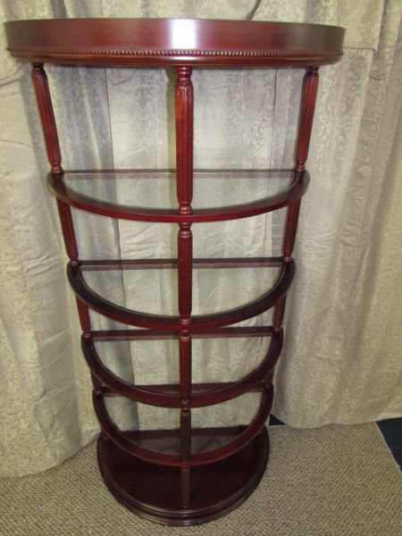 HALF ROUND WOOD SHELVING UNIT WITH GLASS SHELVES 