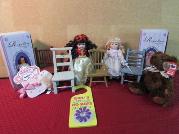 ROYALTON STORYBOOK COLLECTION BISQUE DOLLS, CUTE CHAIRS, GANTZ BEAR & GIRLS CLUBHOUSE SIGN