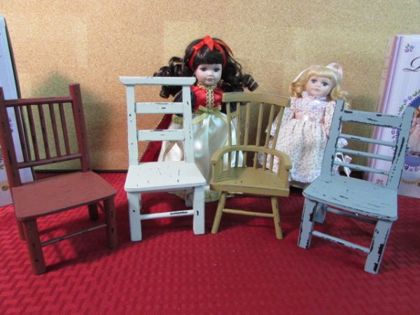 ROYALTON STORYBOOK COLLECTION BISQUE DOLLS, CUTE CHAIRS, GANTZ BEAR & GIRLS CLUBHOUSE SIGN
