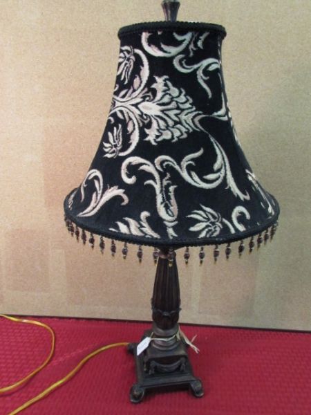 ANTIQUE BRONZE FINISHED TABLE LAMP WITH VELVET SHADE