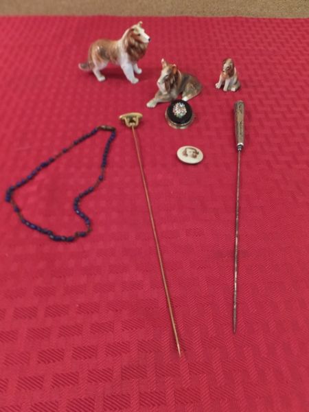 ANTIQUE AND VINTAGE VARIETY LOT-TINY CHINA DOG FAMILY, BEAD NECKLACE, PHOTO PIN & MORE 