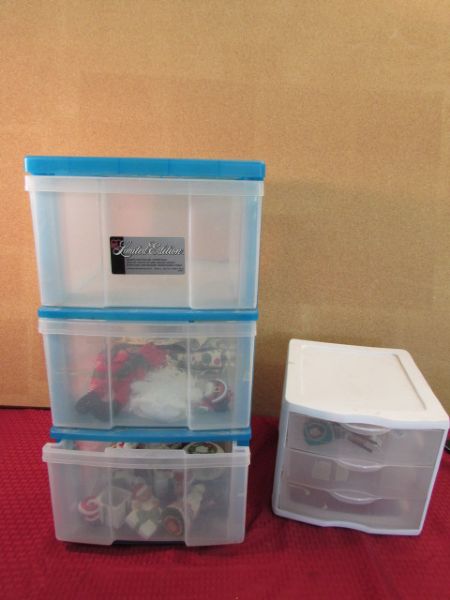 TWO SETS OF PLASTIC STORAGE DRAWERS WITH HOLIDAY DÉCOR