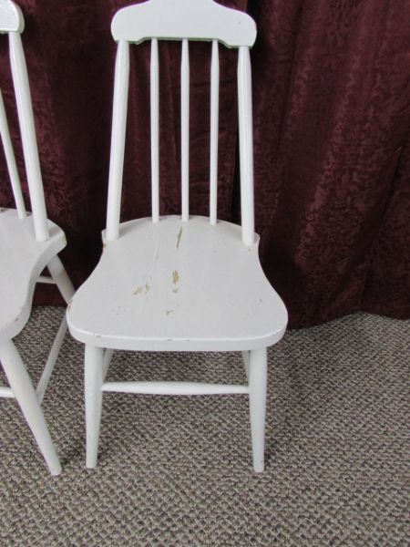 PRIMITIVE VINTAGE WHITE WOODEN SPINDLE BACK CHAIRS