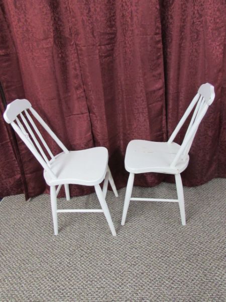 PRIMITIVE VINTAGE WHITE WOODEN SPINDLE BACK CHAIRS