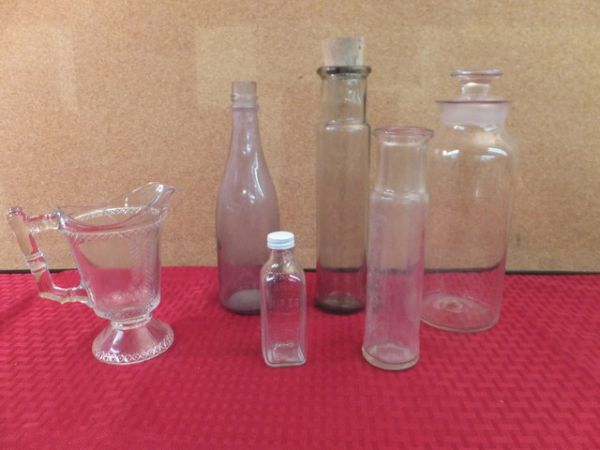 DEPRESSION GLASS PITCHER, BOTTLES, A COUPLE OF INTERESTING PURPLE PIECES