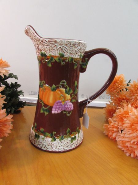 BEAUTIFUL TALL PITCHER  WITH 7 SILK FLORAL BUNCHES, BRASS CANDLESTICKS, & AMBER GLASS VASE