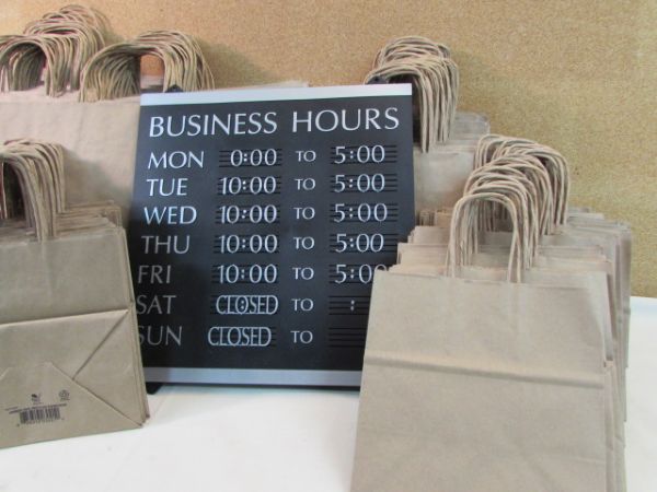 STORE HOUR SIGN & SHOPPING BAGS, 3 SIZES